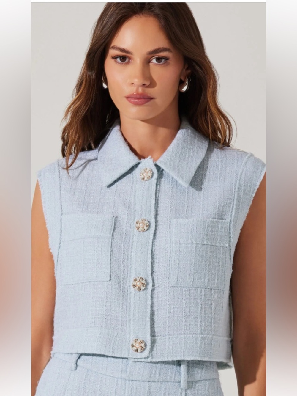 Astr Light Blue Tweed Cropped Button Vest